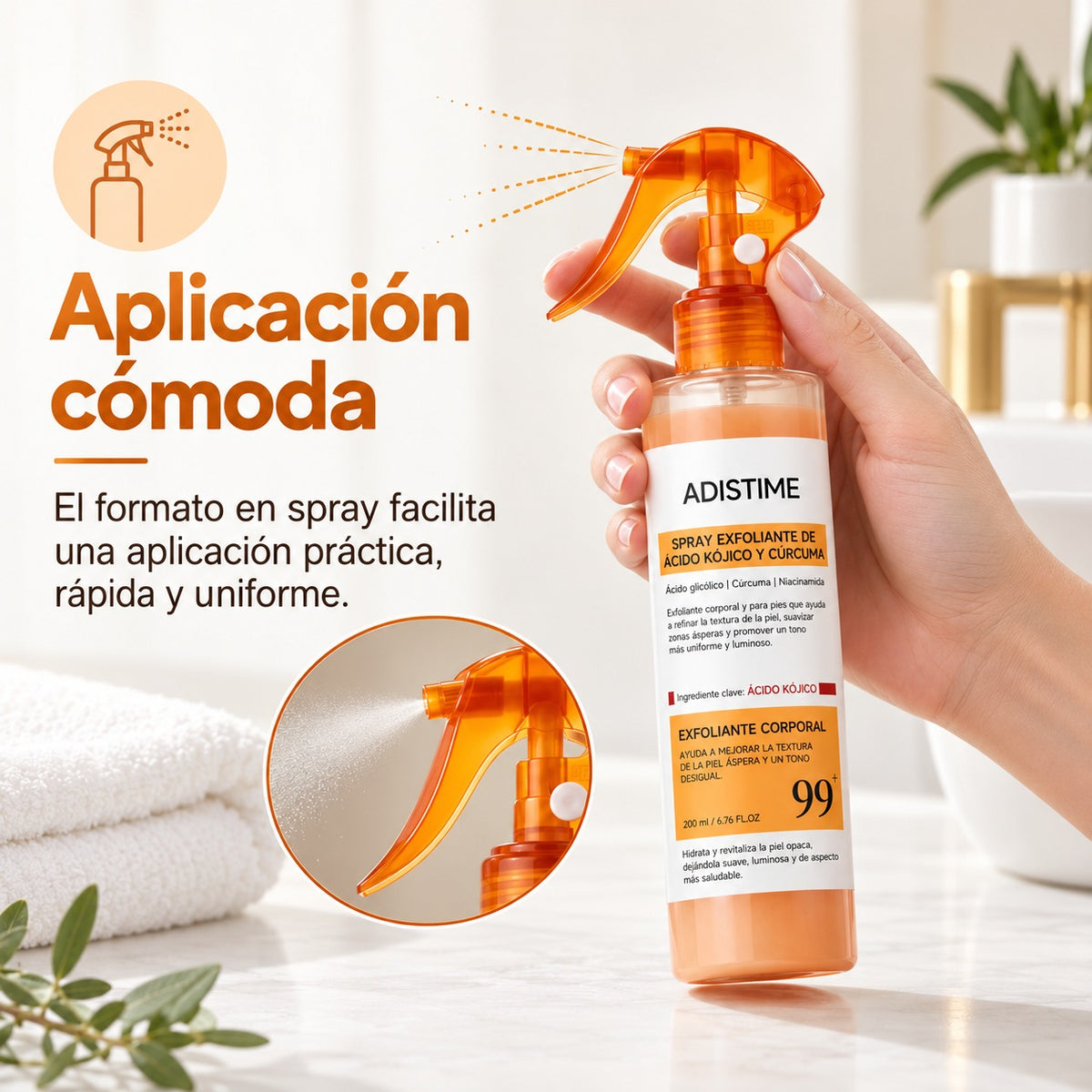 Spray Corporal ADISTIME Exfoliante con Ácido Kójico y Cúrcuma, 200 ml